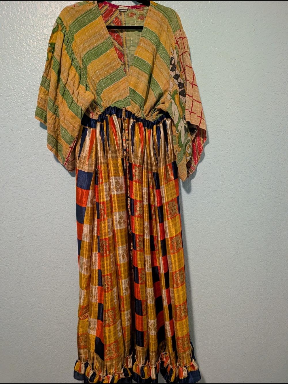 Boho Kantha and Indian Silk Maxi Dress - Drawstring Waist